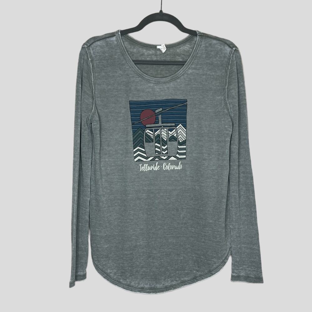 Techstyles Telluride Colorado Graphic Thermal Shirt Women Sz M Green Waffle Knit
